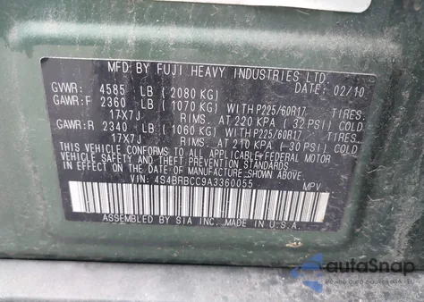 2010 Subaru Outback 2.5I Premium z USA, uszkodzony, nr VIN 4S4BRBCC9A3360055